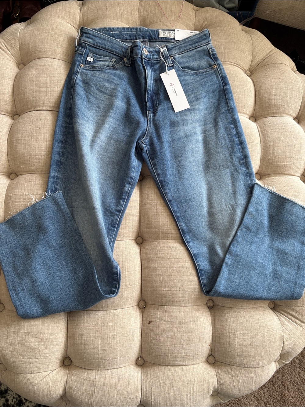 AG Adriano Goldschmied Light Blue Straight Leg Jeans with Raw Hem